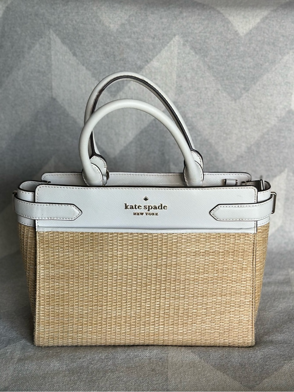 kate spade New York Staci straw medium satchel in white dove